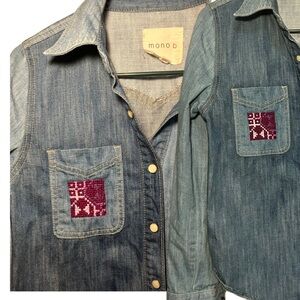 Mono B Denim Shirt with Purple Pocket Tatreez Detail and Back Painting